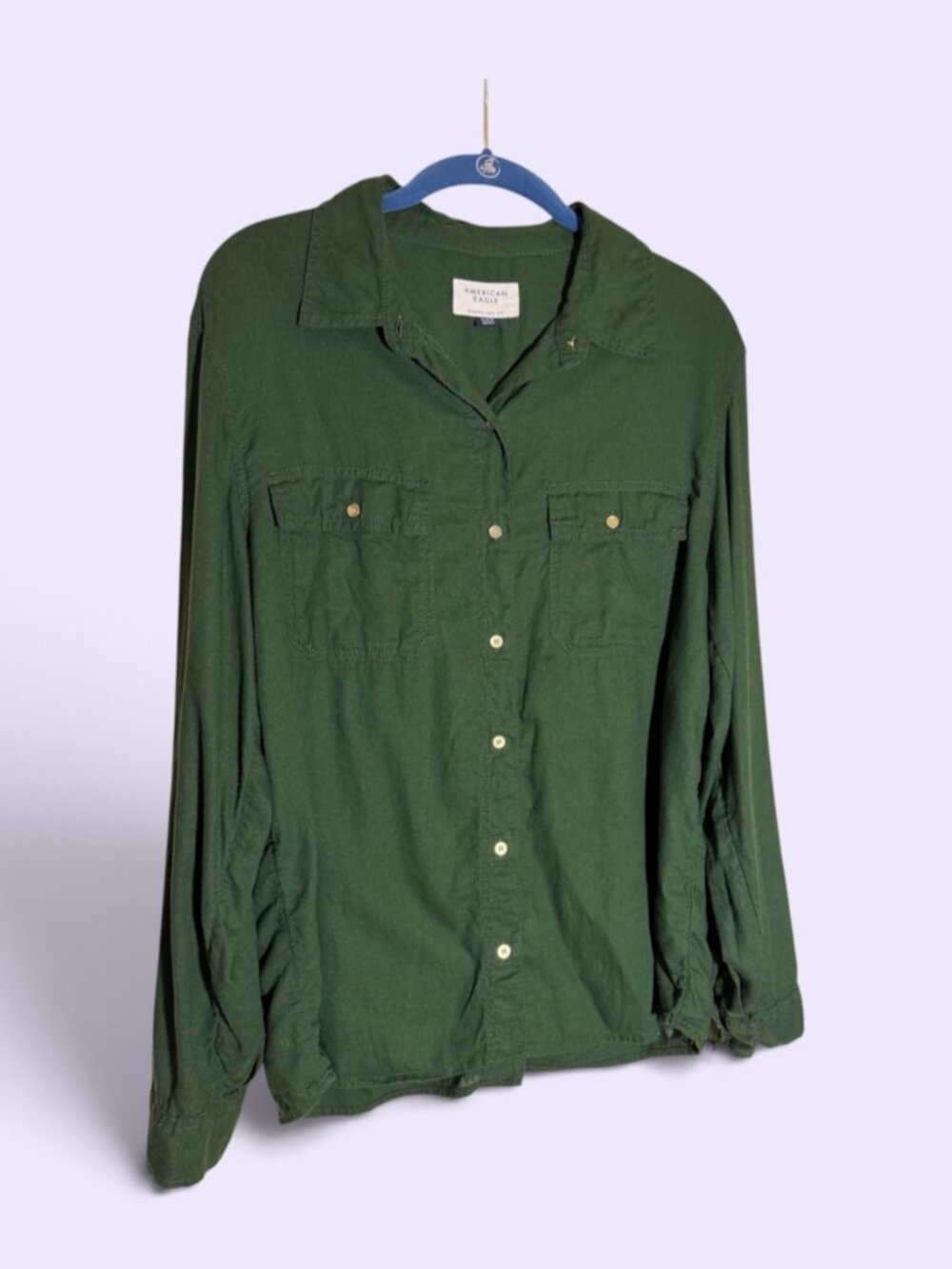 American Eagle Outfitters Green Utility Long Sleeve Button Up Shirt Linen Bl M